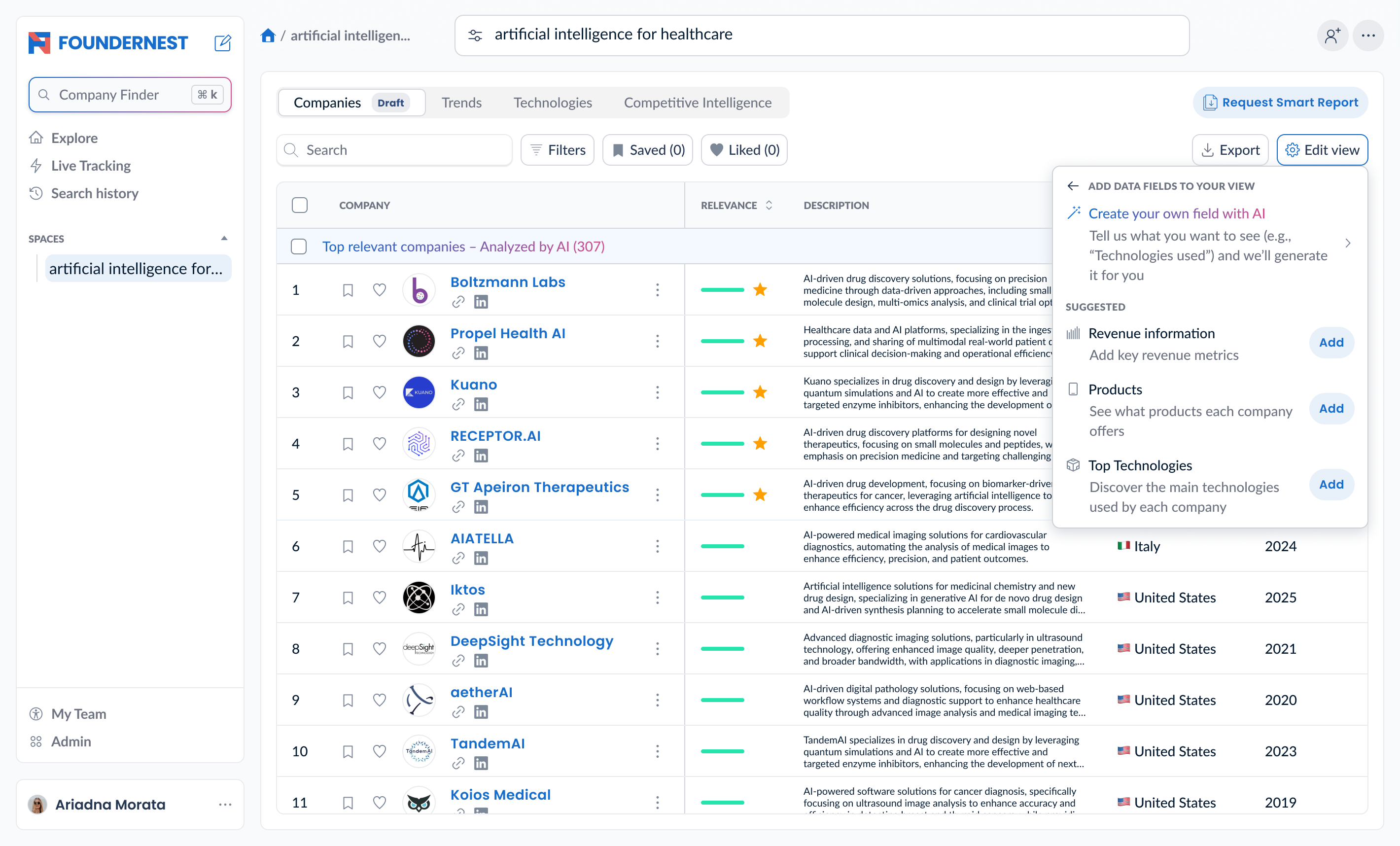 FounderNest product interface showing company discovery results